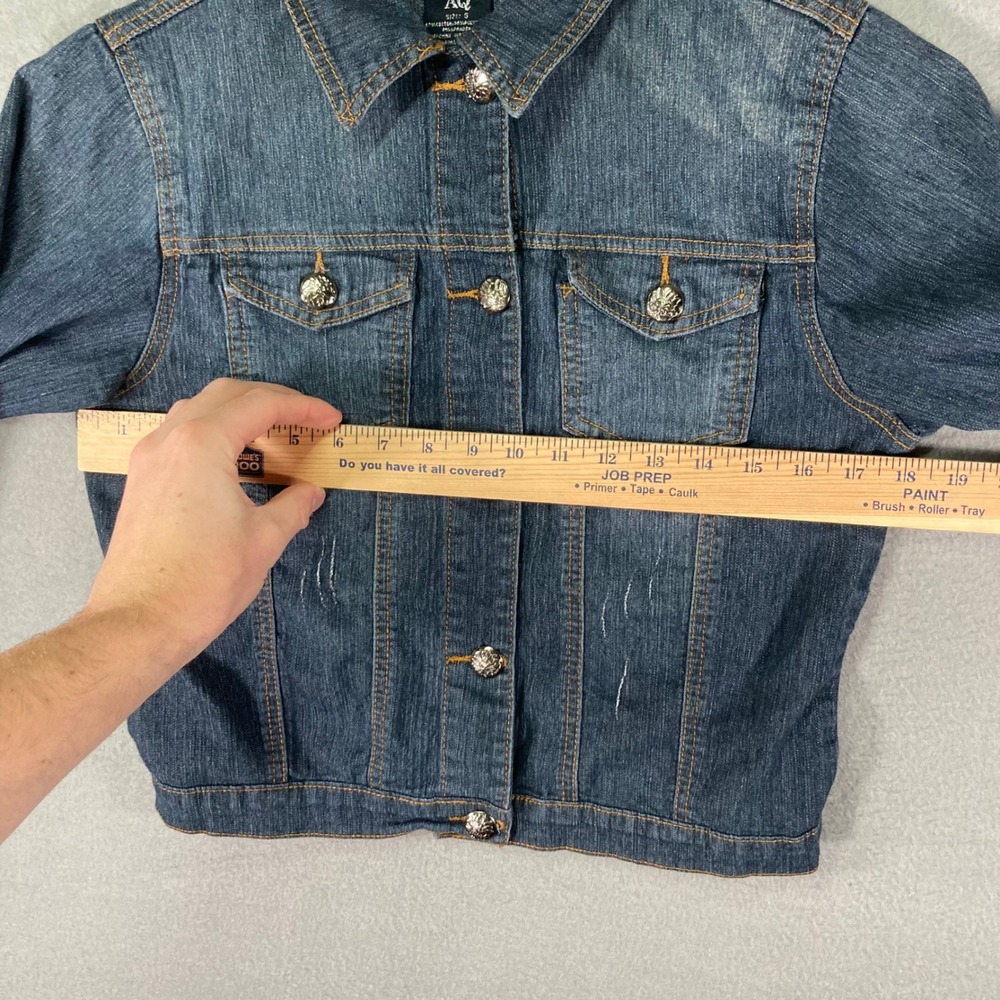 AQ Womens Denim Jacket Small Blue Rhinestone Button Jean Coat Cropped S - Picture 7 of 12